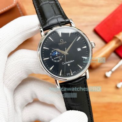 Copy Omega Constellation Black Face Black Leather Strap Silver Bezel Watch 41mm